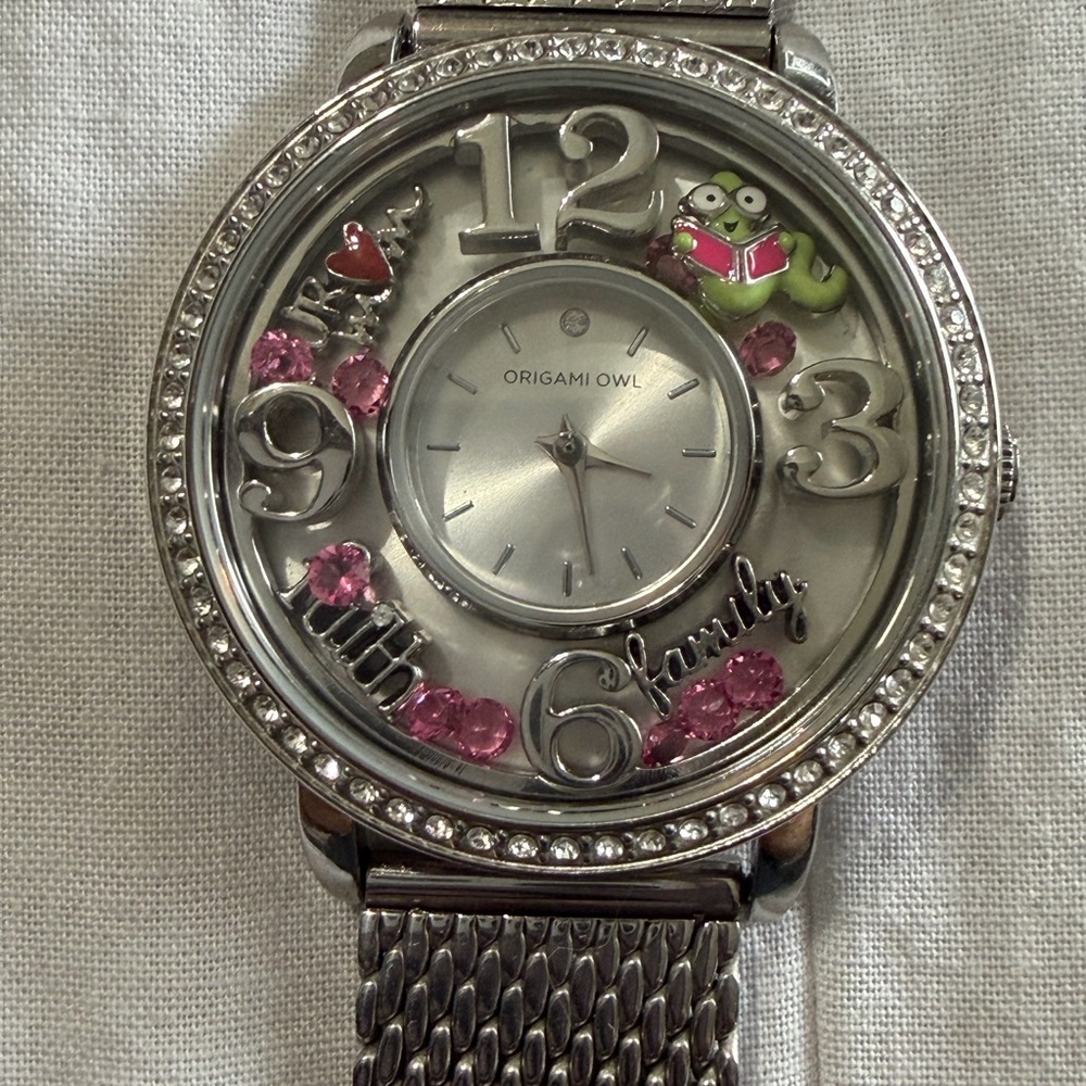 Origami Owl Silver Watch with Pink Crystal Charms and Green Frog Accent